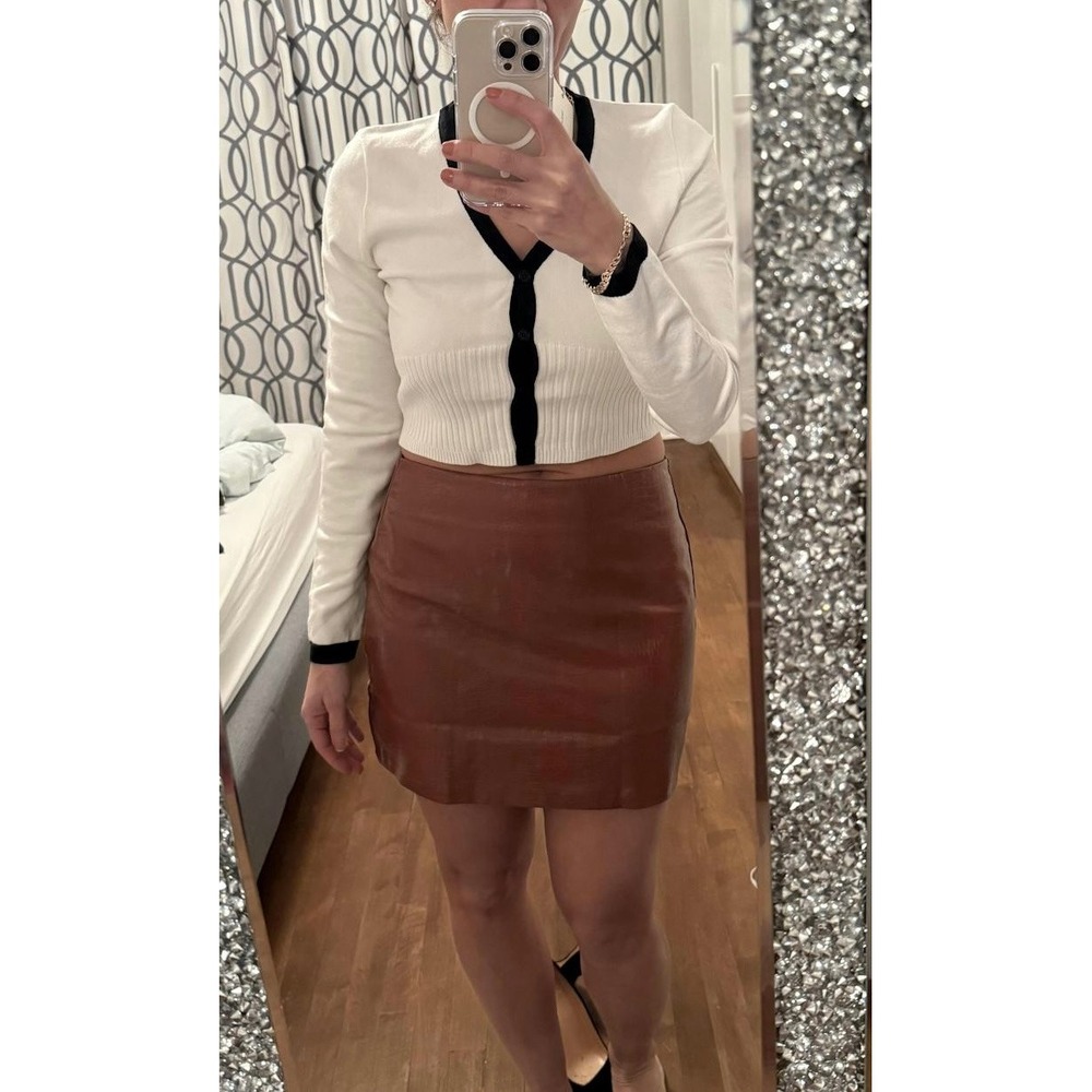 Commense Faux Leather Mini Skirt Brown Alligator Embossed Party Club Cute‎ S